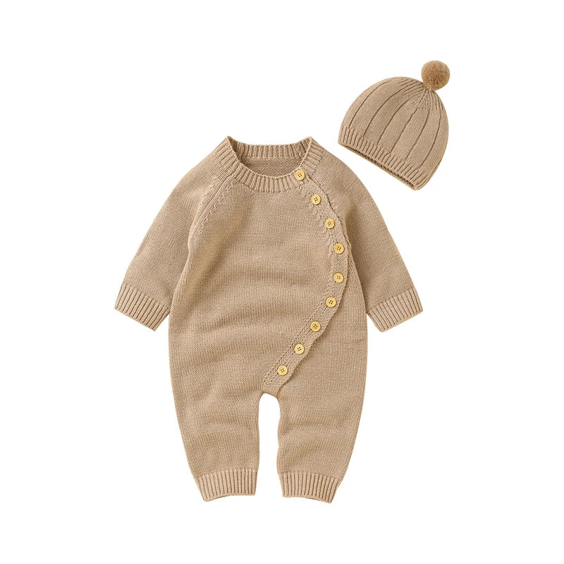 Baby Rompers Clothes Spring Autumn Solid Full Sleeve Knitted Newborn Infant Boys Girls Jumpsuits Hats Outfits Sets 0-18m Costume