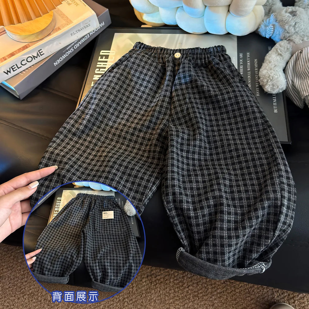 Spring Autumn Children Pants 1-8Y Boys Black Plaid Loose Casual Straight Trousers Korean Toddler Wear For Kids Clothes New
