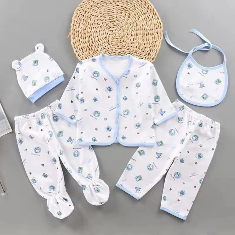 5Pcs/Set Newborn Baby Girl Clothes Set Cotton Soft Underwear Infant Boy Outfit Children Girl Top+2Pant+Bib+Hat Toddler A1156