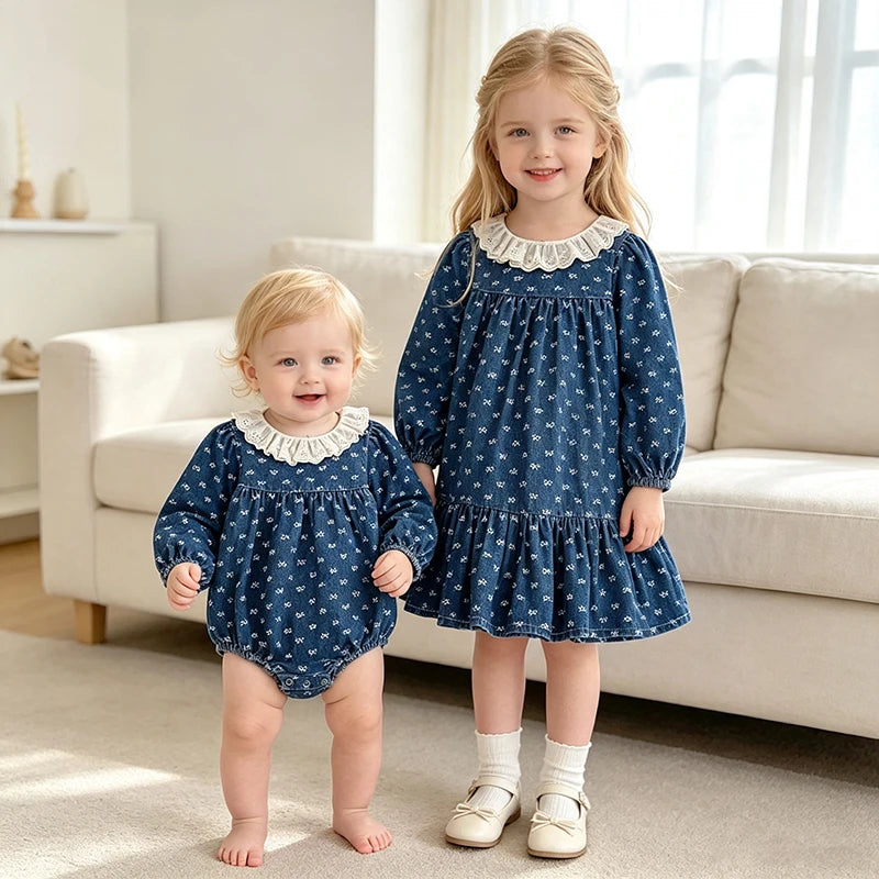Toddler Sister Denim Bow Print 2-6Yrs Dress & 0-24M Baby Romper Ruffle Lace Collar Long Sleeve Infant Girls Sibling Clothes