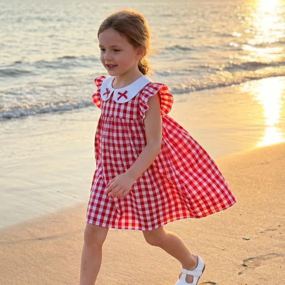 (0-10 Years Old) 2026 Summer Beach Baby Girl Four Colors Cute Fly Sleeve Plaid Dress for Girl Sundress Cute Girls Dress Beach Dr