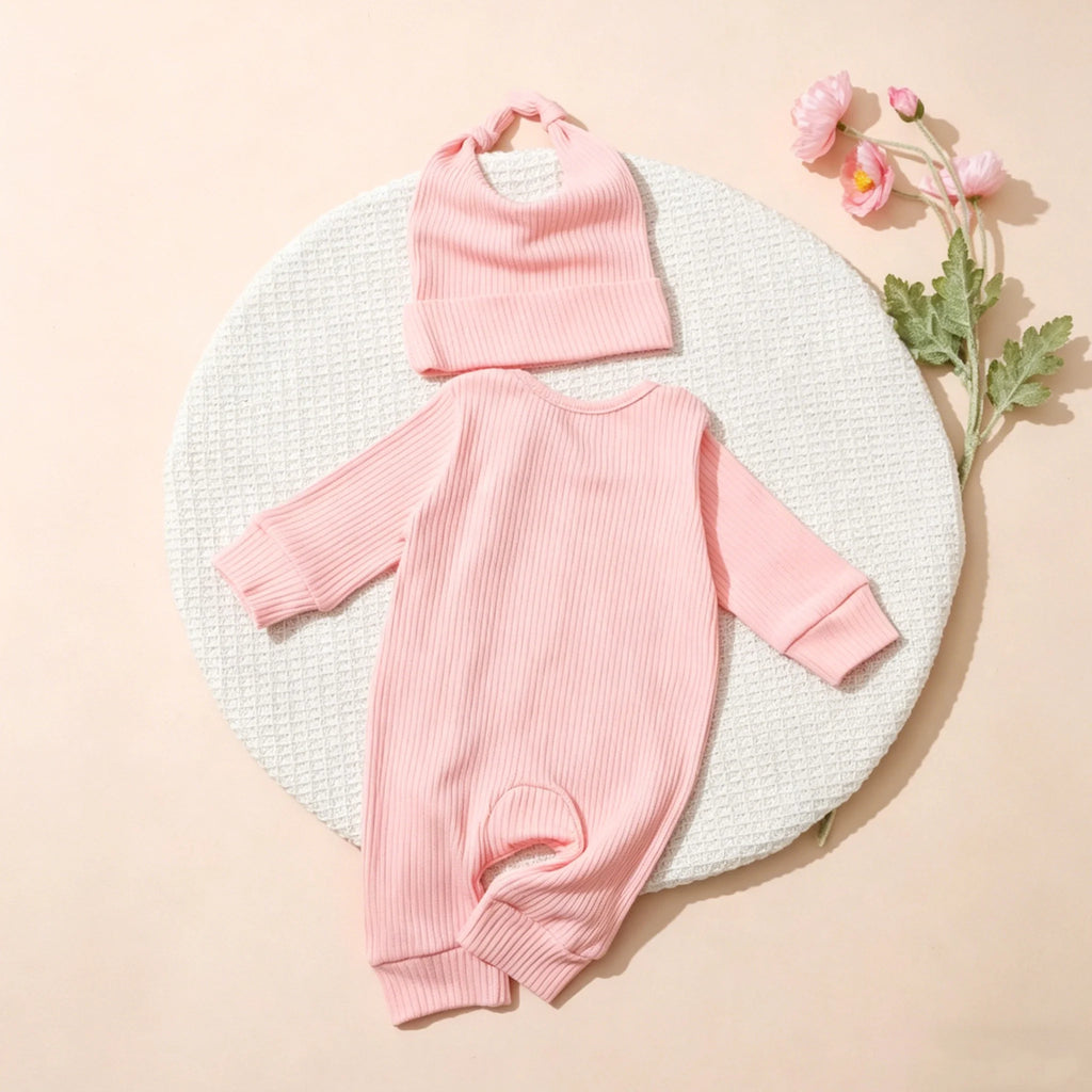 Newborn Photography Clothes Ribbed Romper Bunny Ear Hat Set Infant Zipper Closure Long Sleeve Baby Jumpsuit Coming Home OutfitHD
