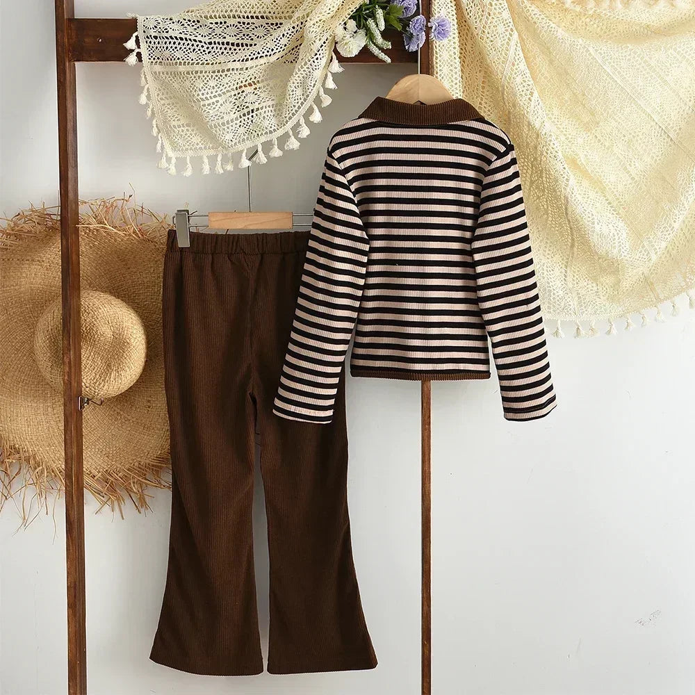 3-12 Year Old Children's Two-piece Set Autumn Long Sleeved Girls' Clothing Striped Printed Lapel Cardigan Top+Micro Flared Pants