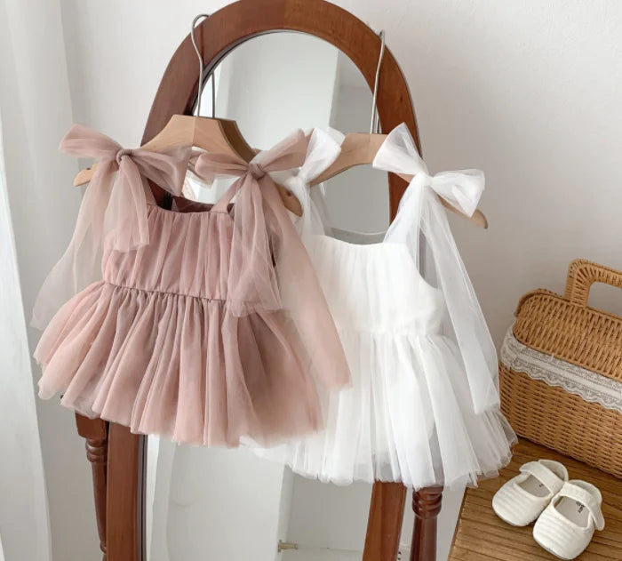 2026 Summer Baby Clothes 100 Day Baptism Birthday Party Sleeveless Jumpsuit Mesh Bow Romper Girl Princess Dress