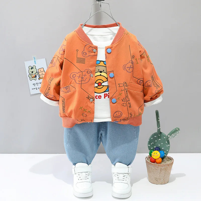0-4 years old autumn new fashion cute car baby suit boys and girls long-sleeved striped three-piece children's sports suit