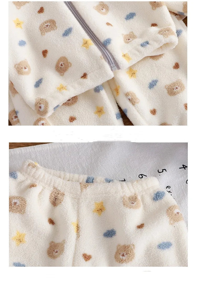 0-4 Years Old Toddler Suit Winter Flannel Home Outdoor Suit Children Pajamas Boy Girl Cartoon Thick Coral Velvet Two-Piece Set