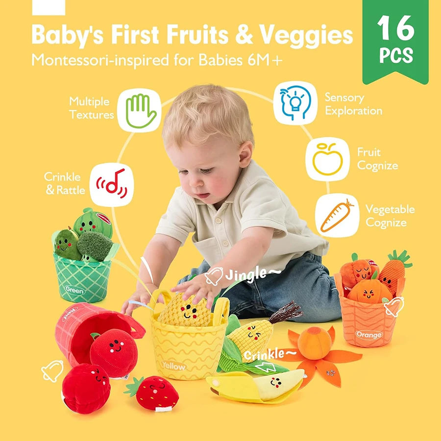 Baby Sensory Toys My First Fruit Vegetable Color Sorting Play Food with Crinkle Rattle Baby Toys Montessori Toys for Toddler