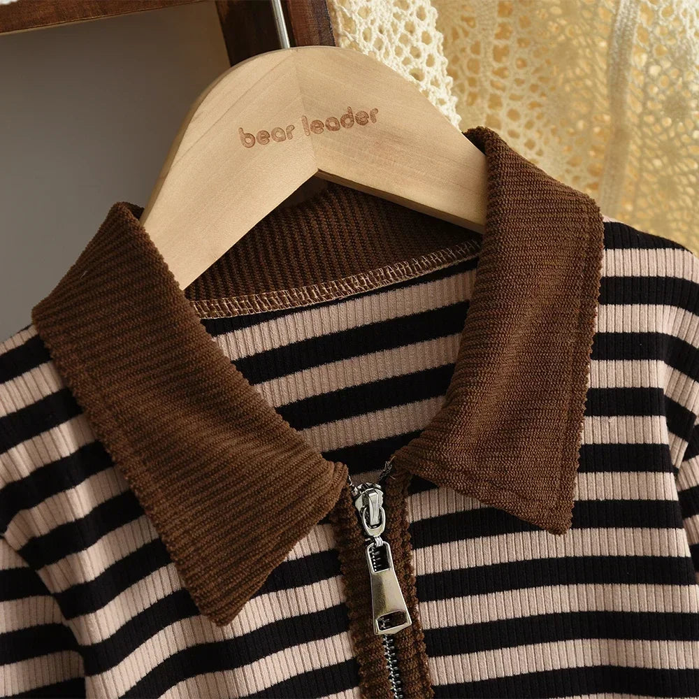 3-12 Year Old Children's Two-piece Set Autumn Long Sleeved Girls' Clothing Striped Printed Lapel Cardigan Top+Micro Flared Pants