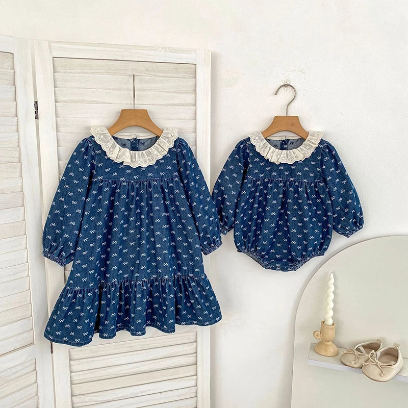 Toddler Sister Denim Bow Print 2-6Yrs Dress & 0-24M Baby Romper Ruffle Lace Collar Long Sleeve Infant Girls Sibling Clothes