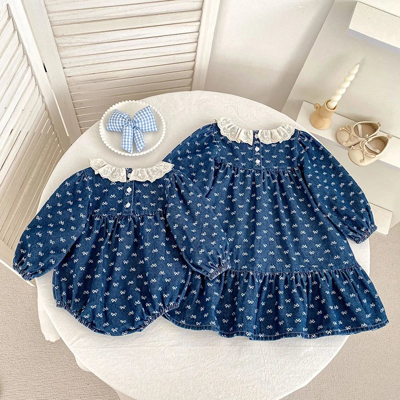 Toddler Sister Denim Bow Print 2-6Yrs Dress & 0-24M Baby Romper Ruffle Lace Collar Long Sleeve Infant Girls Sibling Clothes