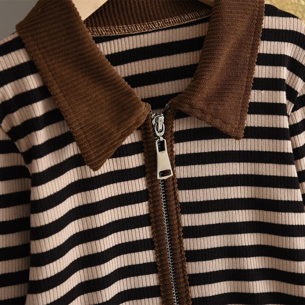 3-12 Year Old Children's Two-piece Set Autumn Long Sleeved Girls' Clothing Striped Printed Lapel Cardigan Top+Micro Flared Pants