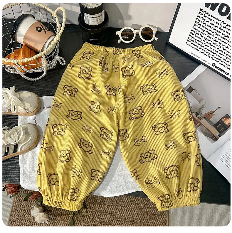 1 to 6 Years Spring Printed Casual Sweatpants Kids Girls Boys Corduroy Pants Loose Design Soft Children Trousers