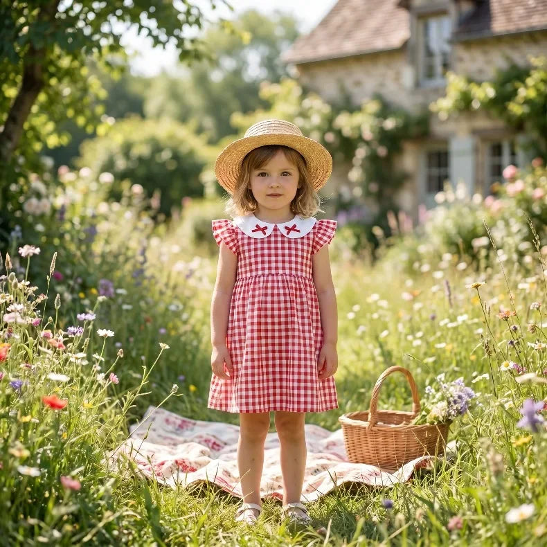 (0-10 Years Old) 2026 Summer Beach Baby Girl Four Colors Cute Fly Sleeve Plaid Dress for Girl Sundress Cute Girls Dress Beach Dr