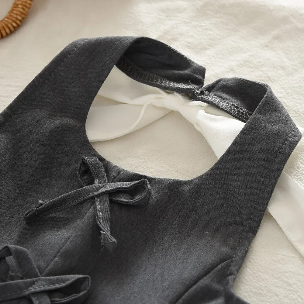 3-7 Year Old Fashionable Street Style Hanging Neck Gray Girls' Clothing Summer New Bow Sleeveless Backless Top + Pleated Skirt