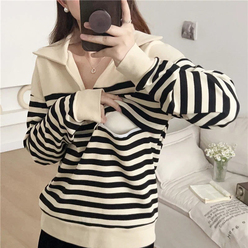 Breastfeeding Blouses Clothes For Pregnant Women Cotton Stripe Spring Autumn Long Sleeve Maternity Clothing Nursing Clothes