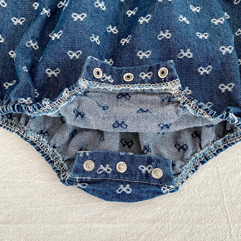 Toddler Sister Denim Bow Print 2-6Yrs Dress & 0-24M Baby Romper Ruffle Lace Collar Long Sleeve Infant Girls Sibling Clothes