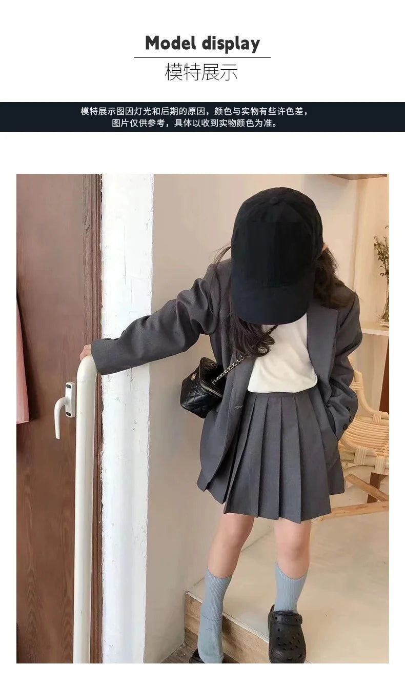 2026 Spring Winter Girls Kids 2 Piece Child Outfits Teenager Suit Set Slim Blazer Jacket Top + Mini Pleated Skirt 4 5 10 12 Year