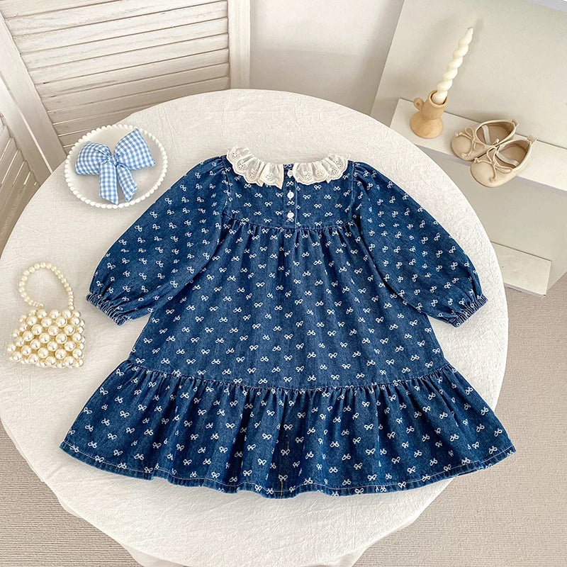 Toddler Sister Denim Bow Print 2-6Yrs Dress & 0-24M Baby Romper Ruffle Lace Collar Long Sleeve Infant Girls Sibling Clothes