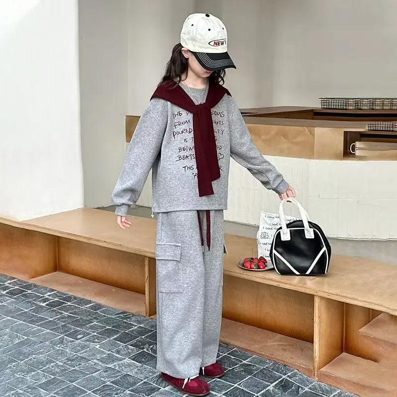 2026 autumn spring teenager kids girl Children set Clothes loose sweatshirt Hooded t shirt+ pocket wide leg pant 4 10 12 14 Year