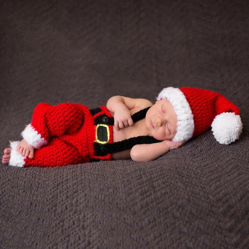 Knitted Clothes Christmas Baby Photography Props Outfits Santa Red & White Hat Pants for Infant Newborn Kid A2UB