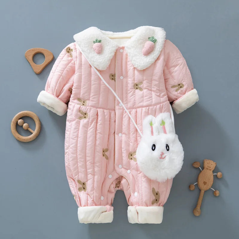 Baby Clothes Newborn Rompers 2024 Winter Cotton-padded Infant Girls Jumpsuit Toddler Embroidered Bunny Turn Down Collar Outwear