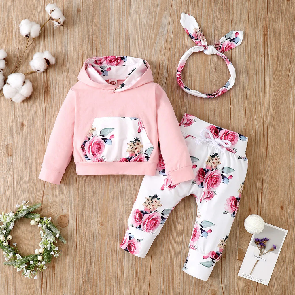 0-18 Months Toddler Baby Girl 3PCS Hooded Clothes Set Flowers Print Long Sleeve Top+Pant+Bowknot Headband Fashion Autumn Outfit