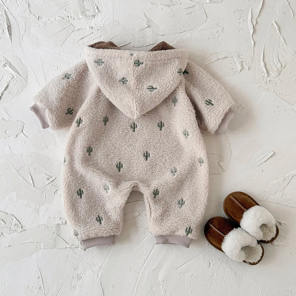 Newborn Baby Clothes Soft Plush Winter Baby Boys Girls Jumpsuit Cactus Embroidery Hooded Warm Rompers