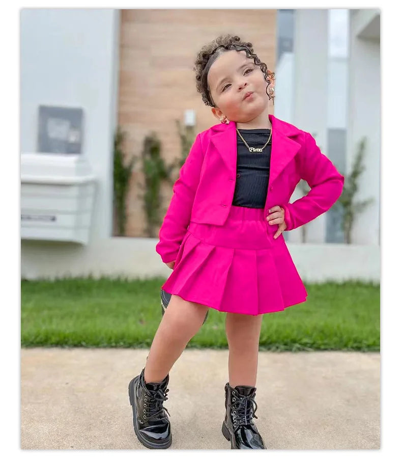 2025 Kids Girls Autumn 2 Pcs Outfits Long Sleeve Button Coat + Pleated Plaid Skirt Children Clothing For 2 3 4 5 6 7 8 Years