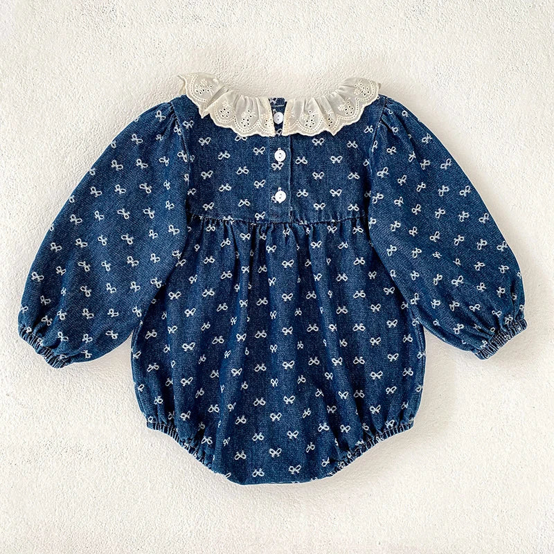 Toddler Sister Denim Bow Print 2-6Yrs Dress & 0-24M Baby Romper Ruffle Lace Collar Long Sleeve Infant Girls Sibling Clothes