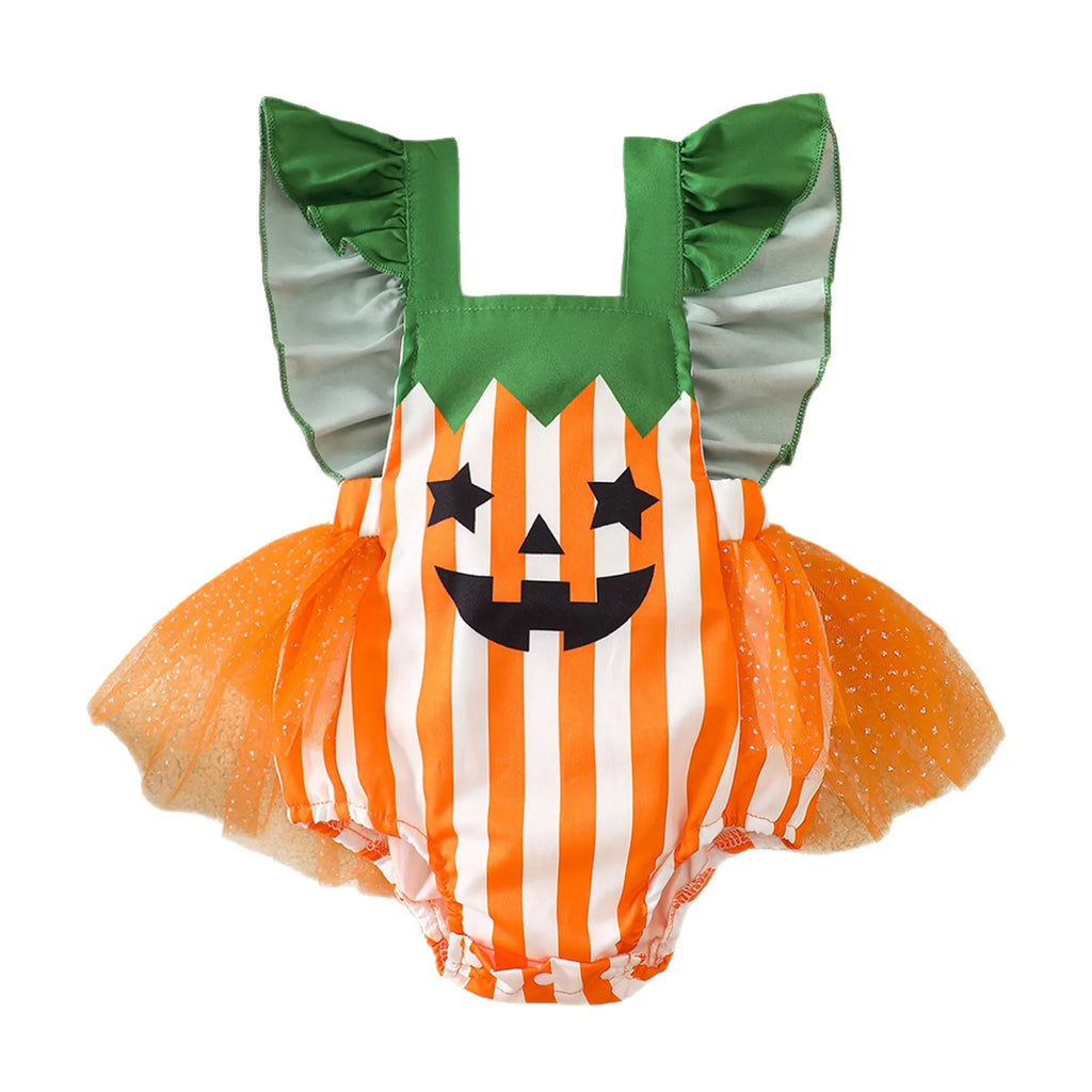 Halloween Infant Baby Girl Striped Romper Fly Sleeve Mesh Bodysuit Toddler Cotton Overall Mesh Pumpkin Face Cute Fall Clothes