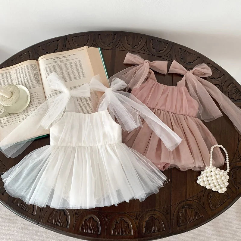 2026 Summer Baby Clothes 100 Day Baptism Birthday Party Sleeveless Jumpsuit Mesh Bow Romper Girl Princess Dress