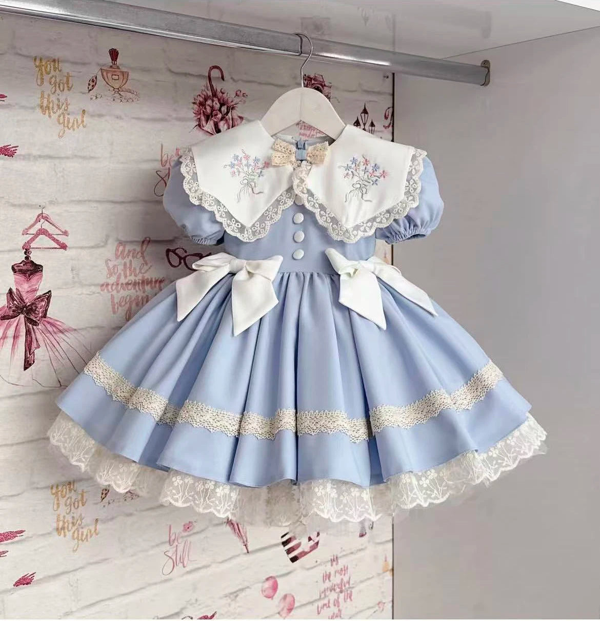 0-12Y Baby Girl Summer Light Blue Embroidery Vintage Princess Dress for Birthday Photography Holiday Eid B522