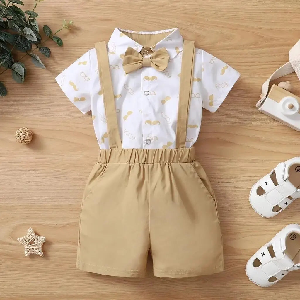 0-24 Months Baby Boys Costumes Short Sleeve Bodysuit with Bow + Suspender Pants Fashion Parties Festivals Gentleman Clothing