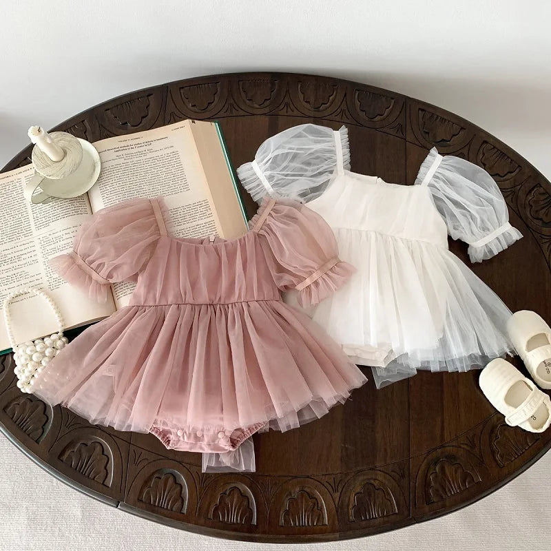 2026 Summer Baby Clothes 100 Day Baptism Birthday Party Sleeveless Jumpsuit Mesh Bow Romper Girl Princess Dress
