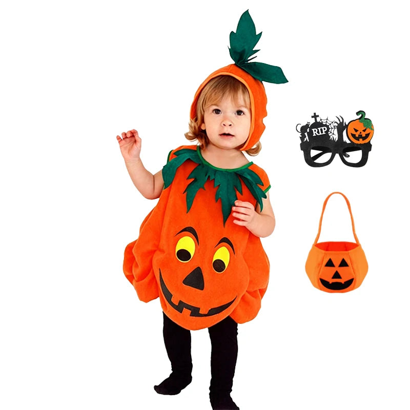 2026 Baby Girls Boys Children Jumpsuit Halloween Pumpkin Costume with Hat Cosplay Stage Performance Christmas Party Costume