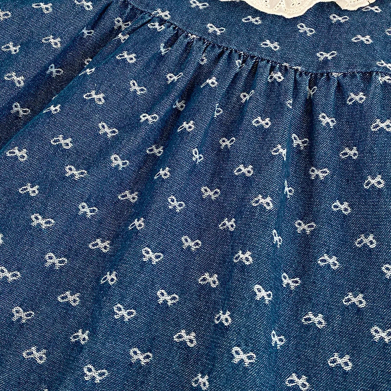 Toddler Sister Denim Bow Print 2-6Yrs Dress & 0-24M Baby Romper Ruffle Lace Collar Long Sleeve Infant Girls Sibling Clothes