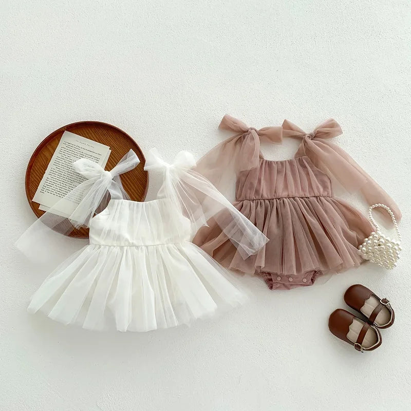 2026 Summer Baby Clothes 100 Day Baptism Birthday Party Sleeveless Jumpsuit Mesh Bow Romper Girl Princess Dress