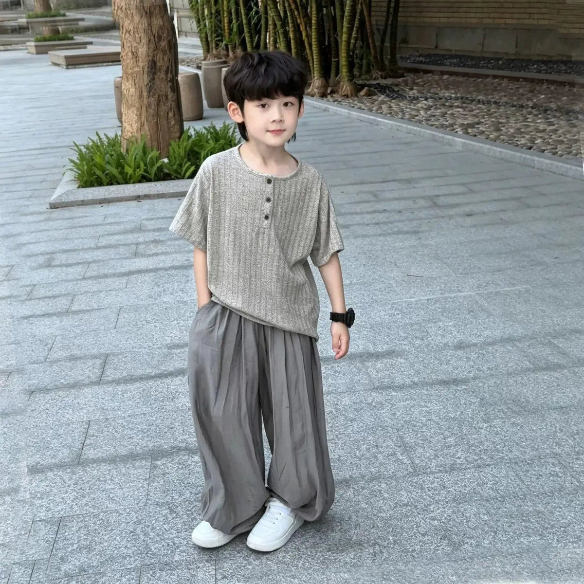 2026 summer Kids Children set boy Clothes loose short top T-Shirt thin + wide leg Pant trousers Teenager outfit 4 8 10 12 year
