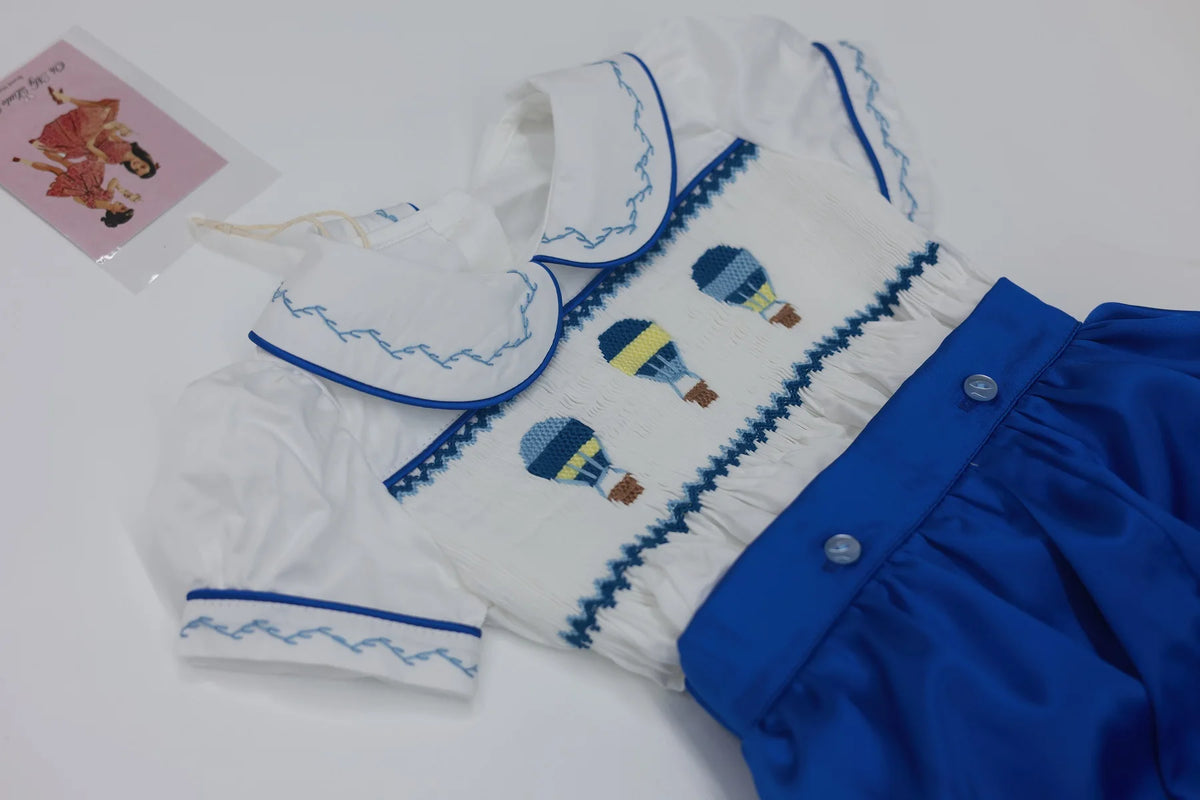 0-6Y Baby Boy Summer Short Sleeves Hot Air Balloon Handmade Embrodery Smocked Blue Outfit Suit for Birthday Holiday  Casual A12
