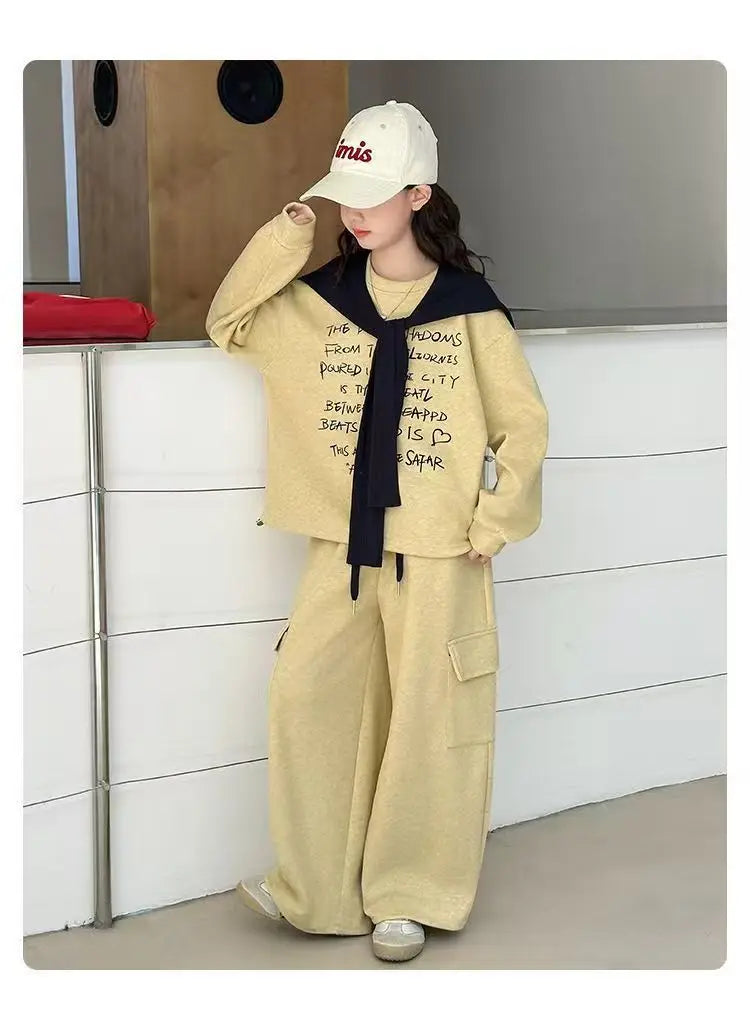 2026 autumn spring teenager kids girl Children set Clothes loose sweatshirt Hooded t shirt+ pocket wide leg pant 4 10 12 14 Year