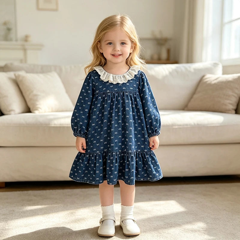 Toddler Sister Denim Bow Print 2-6Yrs Dress & 0-24M Baby Romper Ruffle Lace Collar Long Sleeve Infant Girls Sibling Clothes