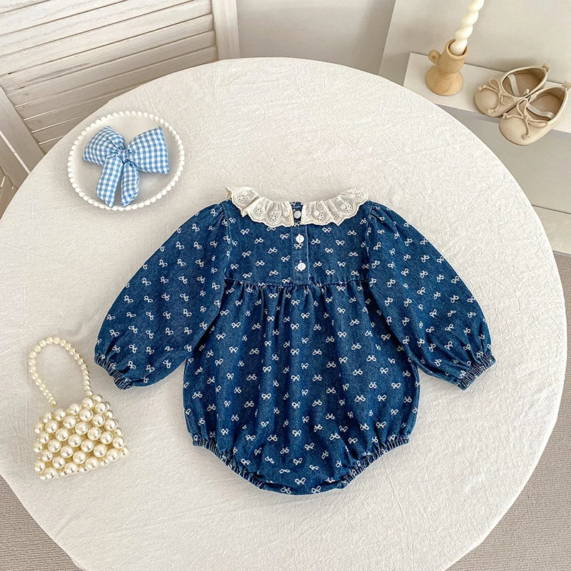 Toddler Sister Denim Bow Print 2-6Yrs Dress & 0-24M Baby Romper Ruffle Lace Collar Long Sleeve Infant Girls Sibling Clothes