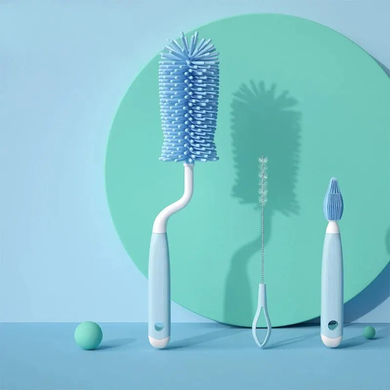 3-Piece Silicone Bottle Brush 360° Rotating Baby Nipple Brush Washing Cup Brush Bottle Cleaning Brush Set