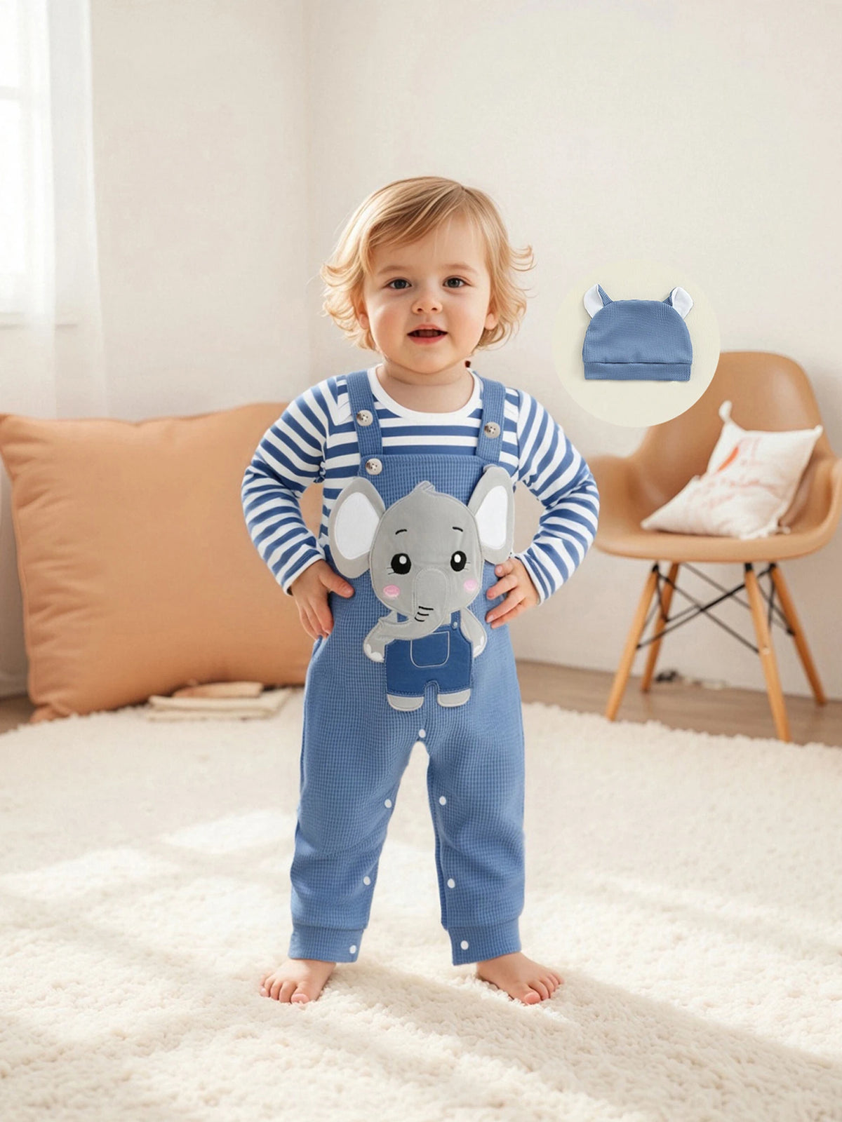 Cute Infant Newborn Baby Boys 3Pcs Outfit Cute Baby Clothes Long Sleeve Striped Romper Animal Embroidery Overalls Hat Clothes