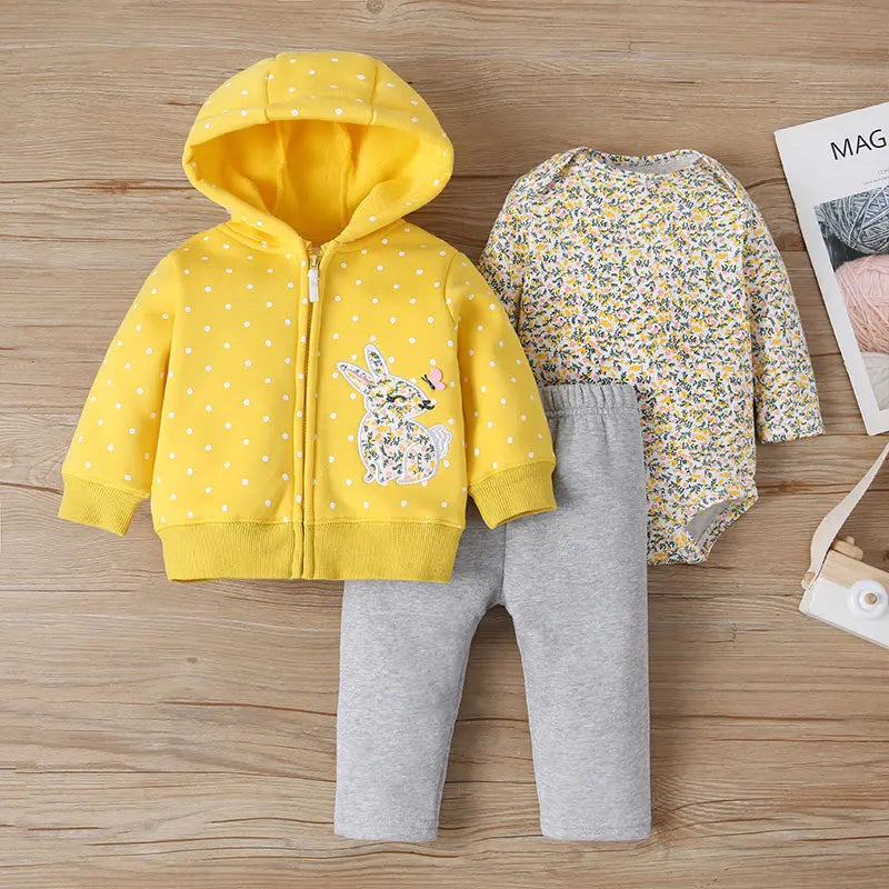 Newborn Infant Baby Girl Boy Clothes Sets Spring Autumn Cotton Long-Sleeve Hooded Coat+Romper+Trousers 3PCS Warm Kids Clothes