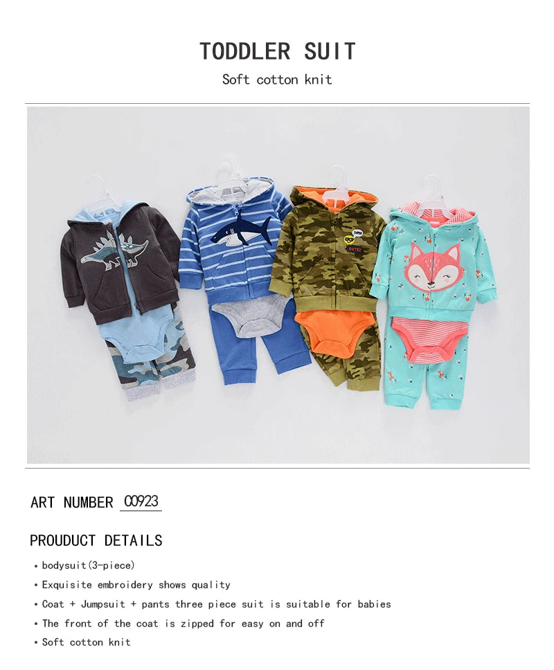 3pcs Baby Clothes Set for Newborns Toddler Girl Boy Clothes Hooded Jacket Trousers + Bodysuits 3pcs Child Sets Infant Outfits
