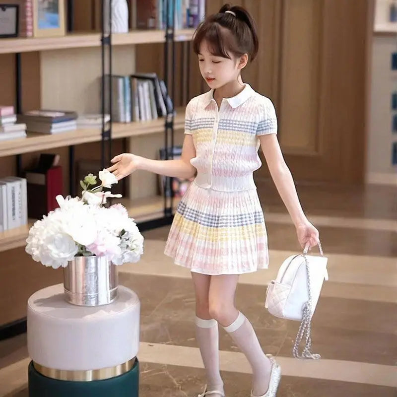2026 new summer child set teenager Girls Cloth striped tracksuit T shirt top + bottom pleated Skirt suit 4 8 9 10 12 Year tennis