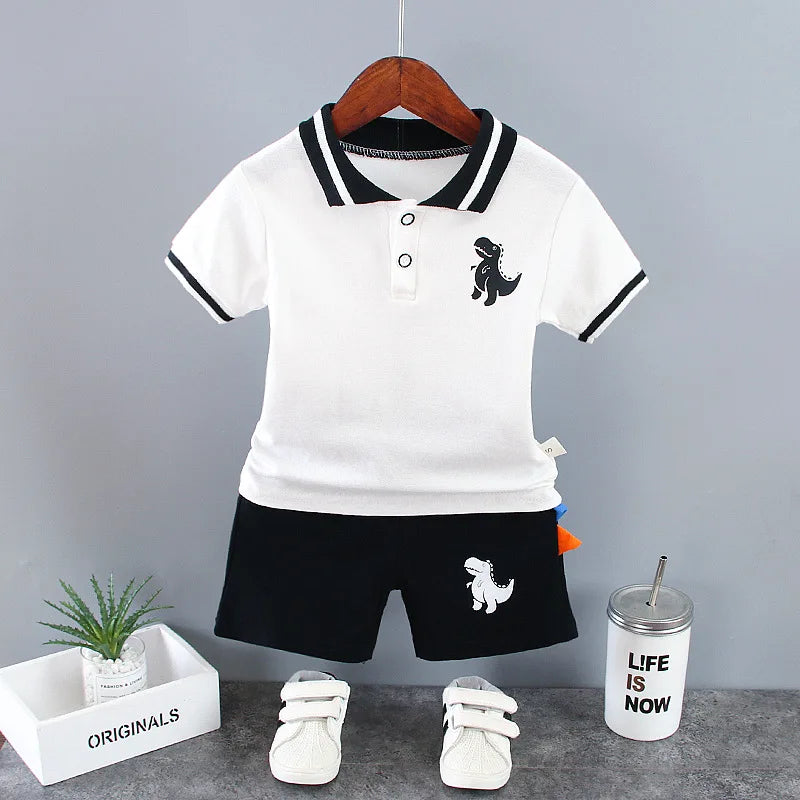 New Summer Outfits Baby Boys 9 To 12 Months Dinosaur Printed Turn-down Collar T-shirts Tops and Shorts 2PCS Infant Clothing Sets