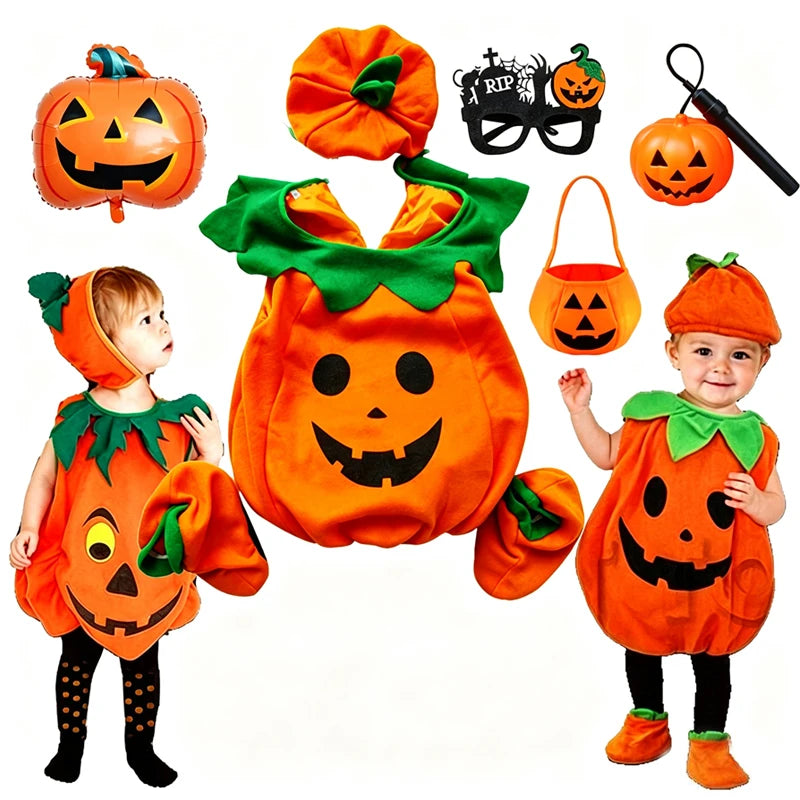 2026 Baby Girls Boys Children Jumpsuit Halloween Pumpkin Costume with Hat Cosplay Stage Performance Christmas Party Costume