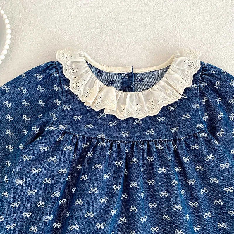 Toddler Sister Denim Bow Print 2-6Yrs Dress & 0-24M Baby Romper Ruffle Lace Collar Long Sleeve Infant Girls Sibling Clothes